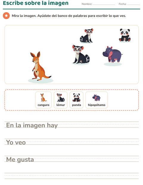 Vista previa de la hoja de Escribir sobre la imagen con Animales del zoológico para grado 2