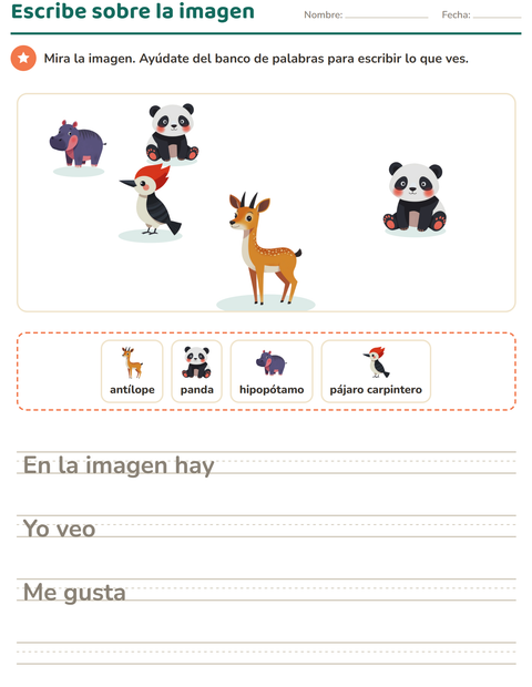 Vista previa de la hoja de Escribir sobre la imagen con Animales para grado 2