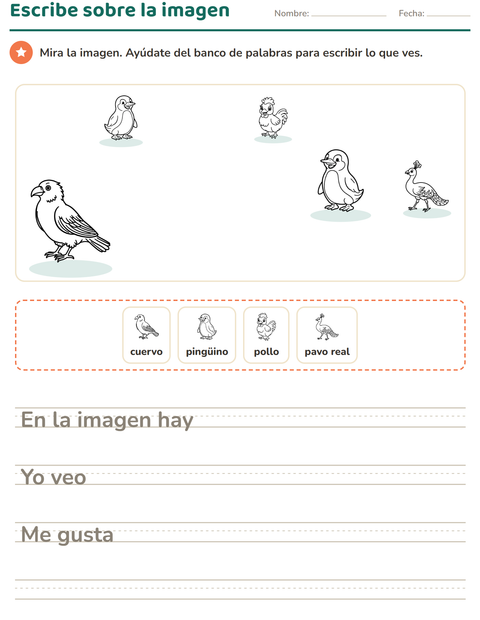 Vista previa de la hoja de Escribir sobre la imagen con Aves ByN para grado 2