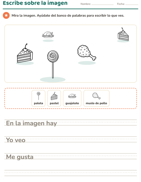 Vista previa de la hoja de Escribir sobre la imagen con Comida BN 2 para grado 2