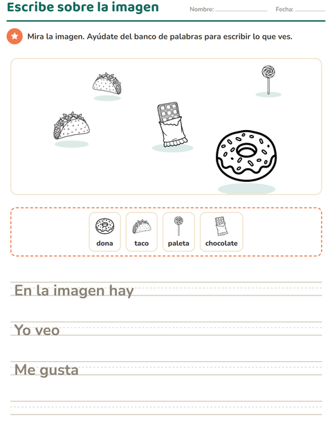Vista previa de la hoja de Escribir sobre la imagen con Comida BN para grado 2