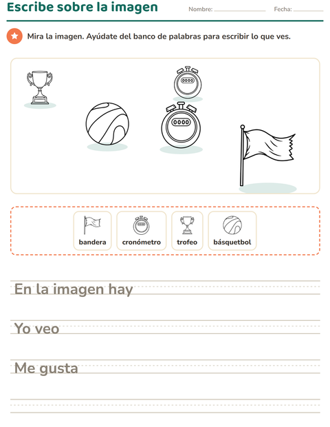 Vista previa de la hoja de Escribir sobre la imagen con Deportes BN 2 para grado 2