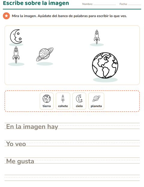 Vista previa de la hoja de Escribir sobre la imagen con Espacio BN para grado 2