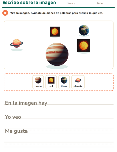 Vista previa de la hoja de Escribir sobre la imagen con Espacio para grado 2