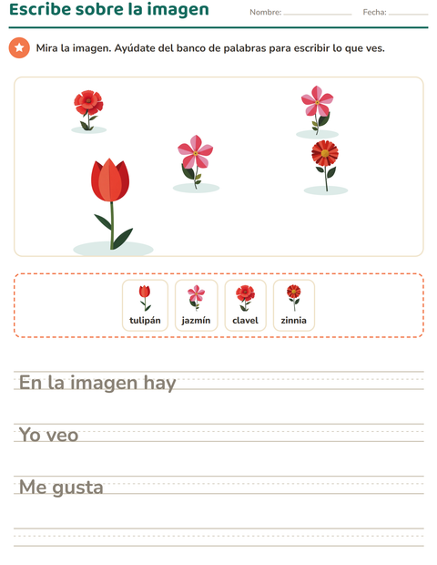 Vista previa de la hoja de Escribir sobre la imagen con Flores para grado 2