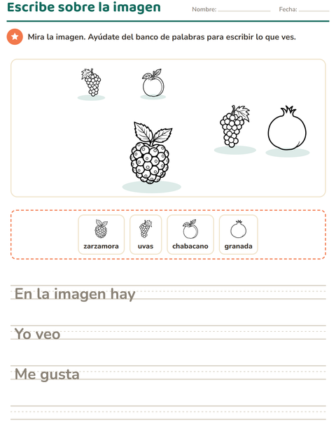 Vista previa de la hoja de Escribir sobre la imagen con Frutas BN para grado 2