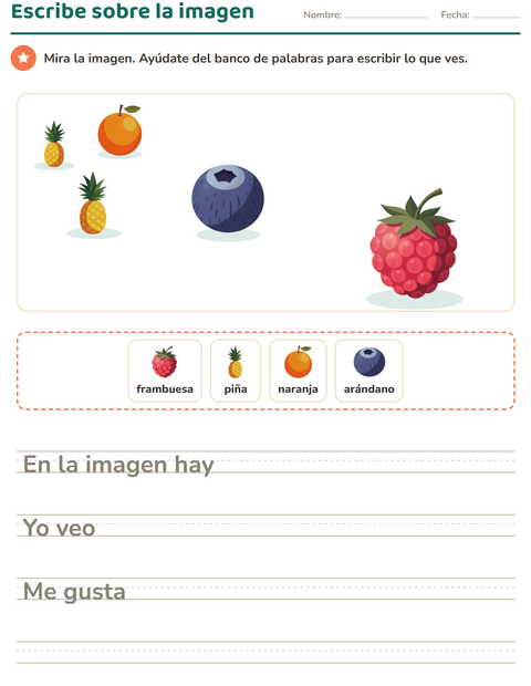 Vista previa de la hoja de Escribir sobre la imagen con Frutas para grado 2