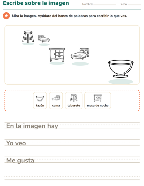 Vista previa de la hoja de Escribir sobre la imagen con Muebles BN para grado 2