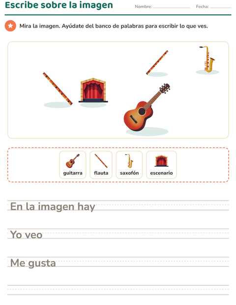 Vista previa de la hoja de Escribir sobre la imagen con Música para grado 2