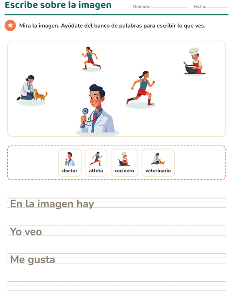 Vista previa de la hoja de Escribir sobre la imagen con Ocupaciones para grado 2