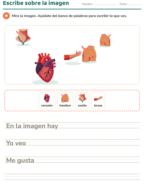 Vista previa de la hoja de Escribir sobre la imagen con Partes del cuerpo para grado 2