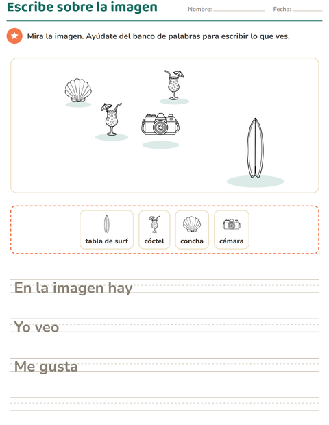 Vista previa de la hoja de Escribir sobre la imagen con Playa BN 2 para grado 2