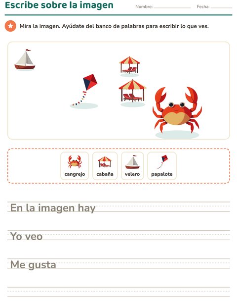 Vista previa de la hoja de Escribir sobre la imagen con Playa para grado 2