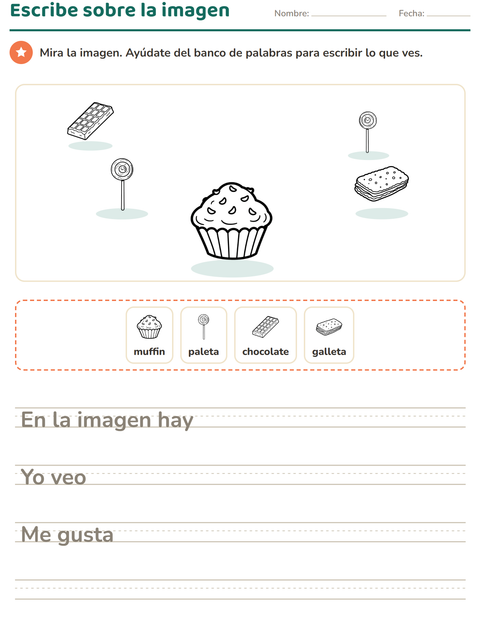 Vista previa de la hoja de Escribir sobre la imagen con Postre (B/N) para grado 2