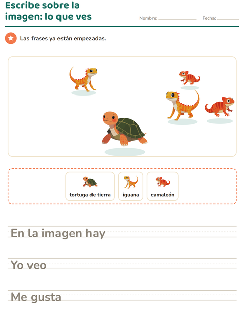 Vista previa de la hoja de Escribir sobre la imagen con Reptiles y anfibios para grado 2