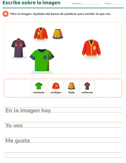 Vista previa de la hoja de Escribir sobre la imagen con Ropa para grado 2