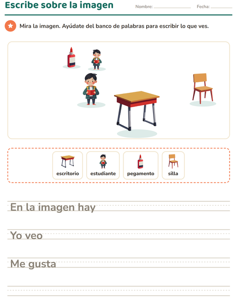 Vista previa de la hoja de Escribir sobre la imagen con Salón de clases para grado 2
