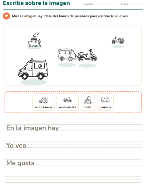 Vista previa de la hoja de Escribir sobre la imagen con Vehículos BN 3 para grado 2