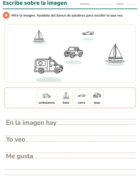 Vista previa de la hoja de Escribir sobre la imagen con Vehículos BN para grado 2