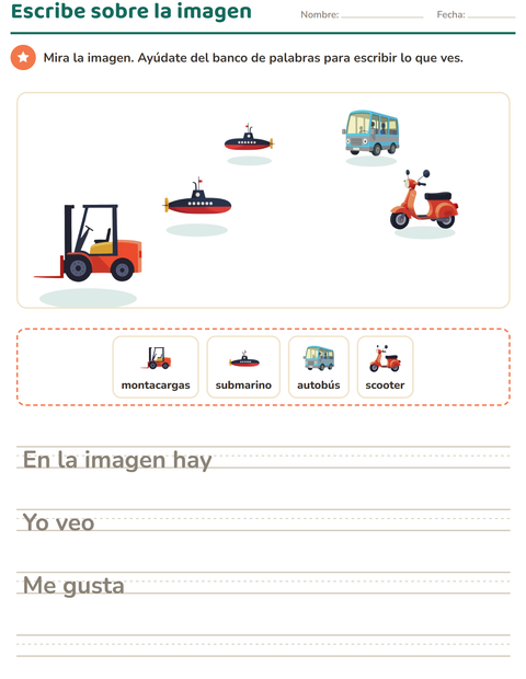 Vista previa de la hoja de Escribir sobre la imagen con Vehículos para grado 2