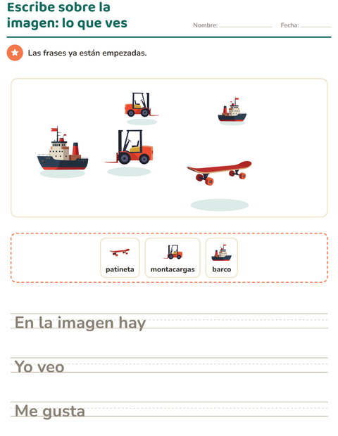 Vista previa de la hoja de Escribir sobre la imagen con Vehículos para grado 2