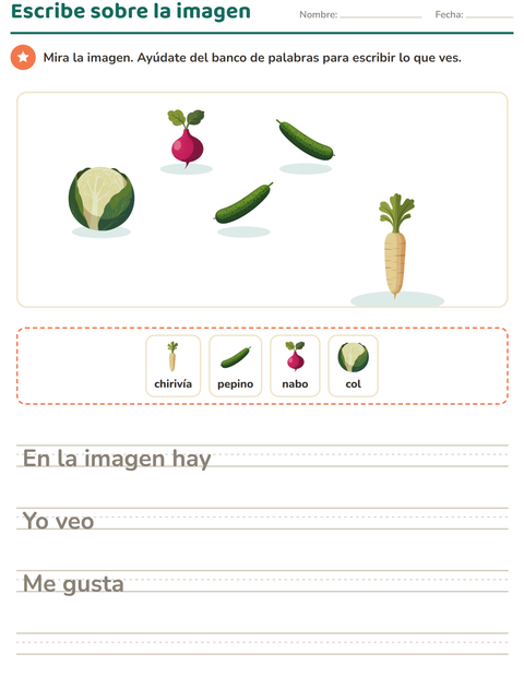 Vista previa de la hoja de Escribir sobre la imagen con Verduras para grado 2