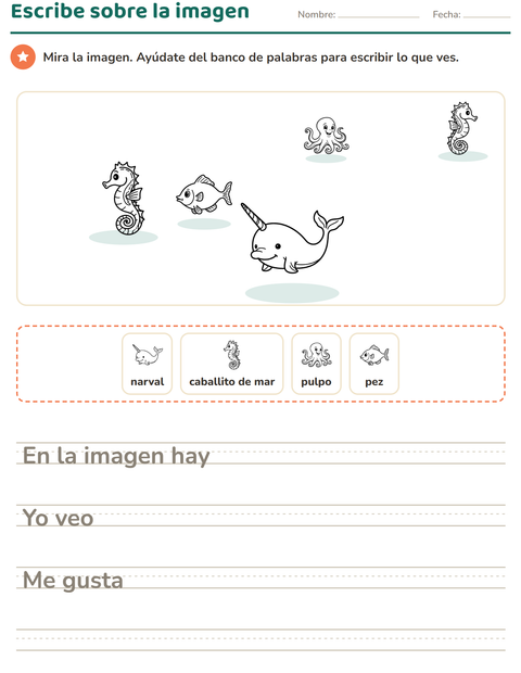 Vista previa de la hoja de Escribir sobre la imagen con Vida marina BN 2 para grado 2