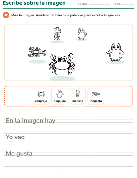 Vista previa de la hoja de Escribir sobre la imagen con Vida marina BN para grado 2