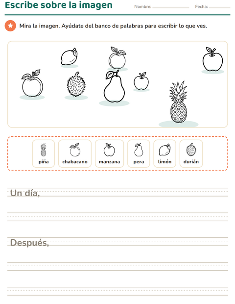 Vista previa de la hoja de Escribir sobre la imagen con Frutas BN para grado 2