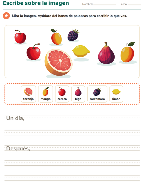 Vista previa de la hoja de Escribir sobre la imagen con Frutas para grado 2