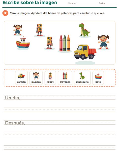 Vista previa de la hoja de Escribir sobre la imagen con Juguetes para grado 2