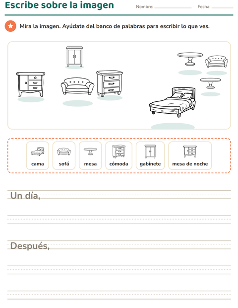 Vista previa de la hoja de Escribir sobre la imagen con Muebles BN para grado 2
