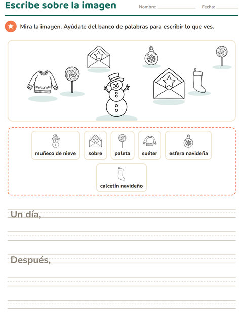 Vista previa de la hoja de Escribir sobre la imagen con Navidad B&N para grado 2