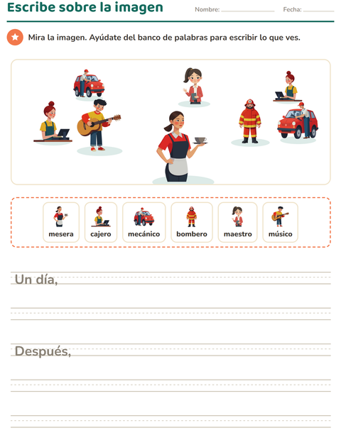 Vista previa de la hoja de Escribir sobre la imagen con Ocupaciones para grado 2