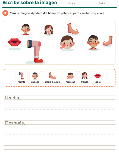 Vista previa de la hoja de Escribir sobre la imagen con Partes del cuerpo para grado 2