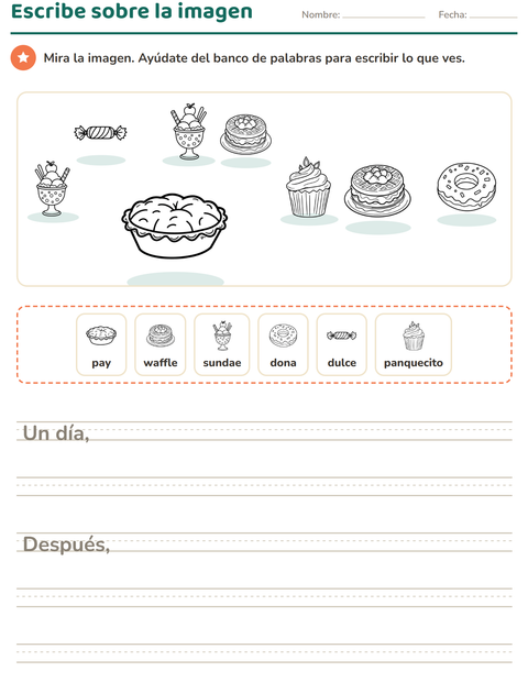 Vista previa de la hoja de Escribir sobre la imagen con Postre (B/N) para grado 2