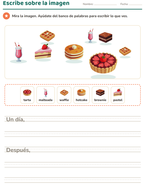 Vista previa de la hoja de Escribir sobre la imagen con Postres y dulces para grado 2