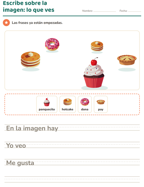 Vista previa de la hoja de Escribir sobre la imagen con Postres y dulces para grado 2