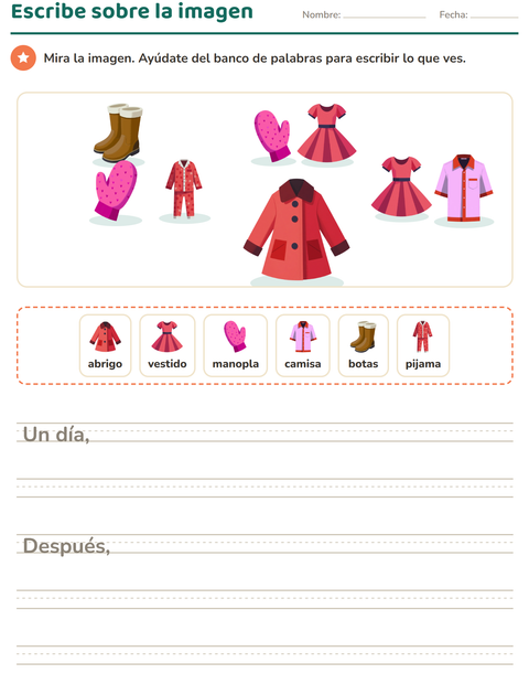 Vista previa de la hoja de Escribir sobre la imagen con Ropa para grado 2