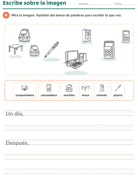 Vista previa de la hoja de Escribir sobre la imagen con Salón de clases 2 (B/N) para grado 2