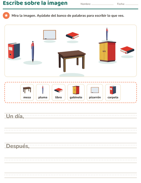 Vista previa de la hoja de Escribir sobre la imagen con Salón de clases para grado 2