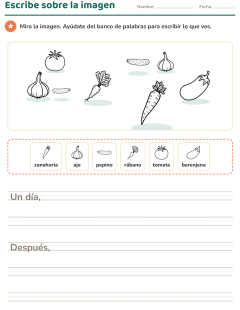 Vista previa de la hoja de Escribir sobre la imagen con Verduras BN para grado 2