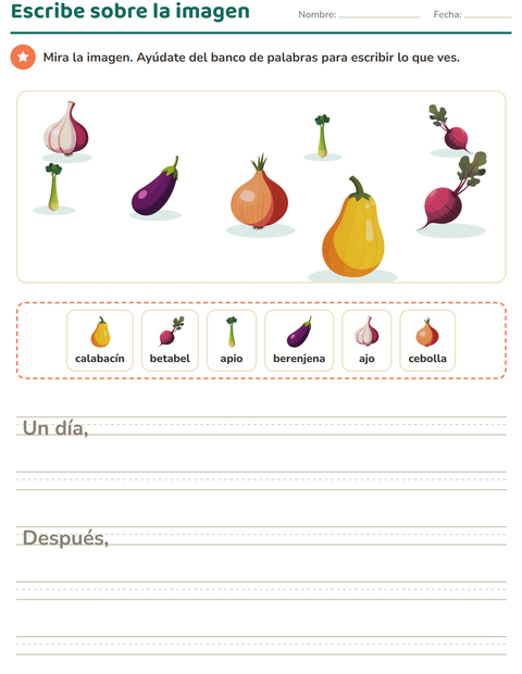 Vista previa de la hoja de Escribir sobre la imagen con Verduras para grado 2
