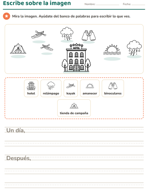 Vista previa de la hoja de Escribir sobre la imagen con Viajes y Vacaciones BN para grado 2