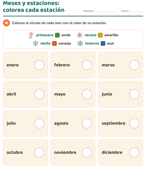 Meses y estaciones: colorea cada estación