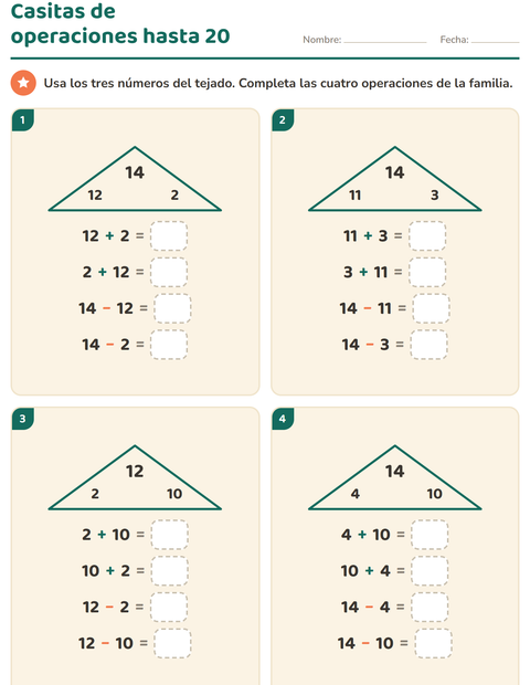 Vista previa de la hoja de Familias de operaciones para grado 1
