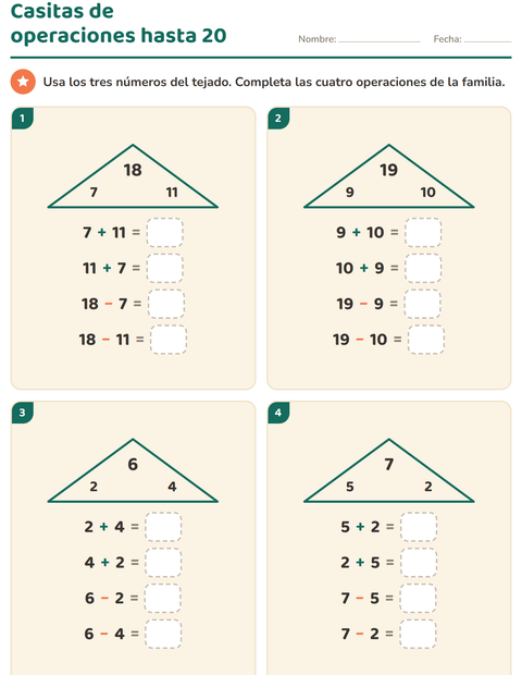 Vista previa de la hoja de Familias de operaciones para grado 1