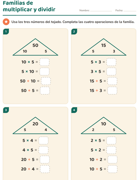 Vista previa de la hoja de Familias de operaciones para grado 3