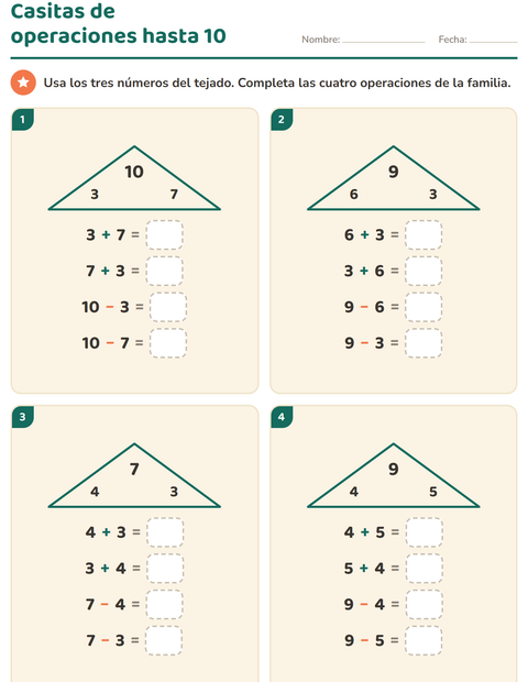 Vista previa de la hoja de Familias de operaciones para grado 1