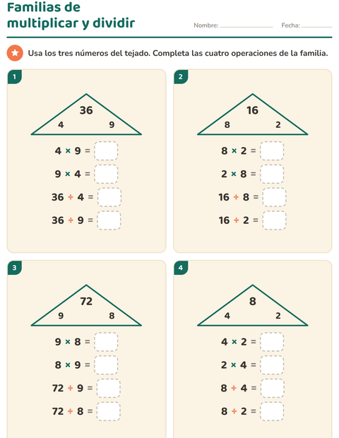 Vista previa de la hoja de Familias de operaciones para grado 3